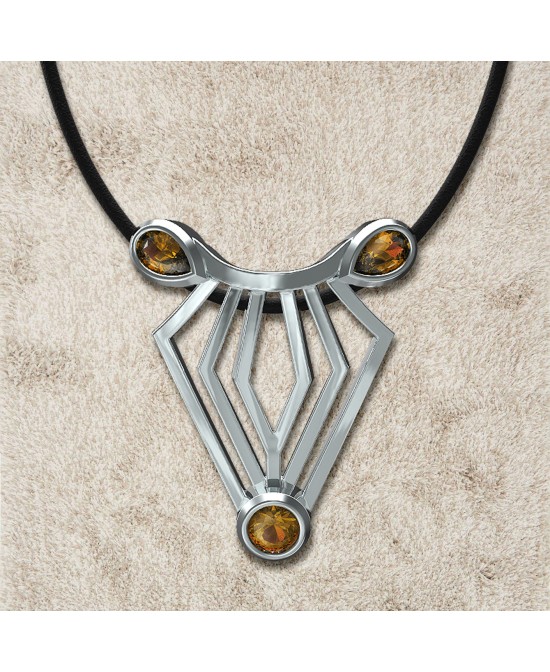 FANY Jewelry Elegant 0.925 Argentium Silver Citrine Gemstone "ZEBRA" Pendant Necklace